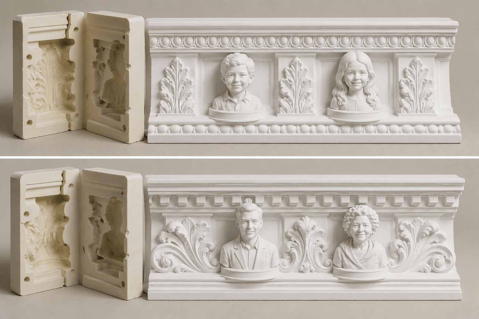 Bespoke 3D personalised plaster cornice featuring sculpted portrait busts and reusable moulds