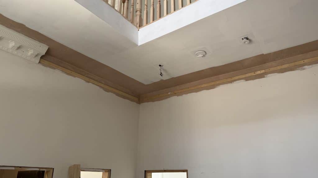 Ceiling prepared for ornate cornice installation at Chestnut Manor, Hessle