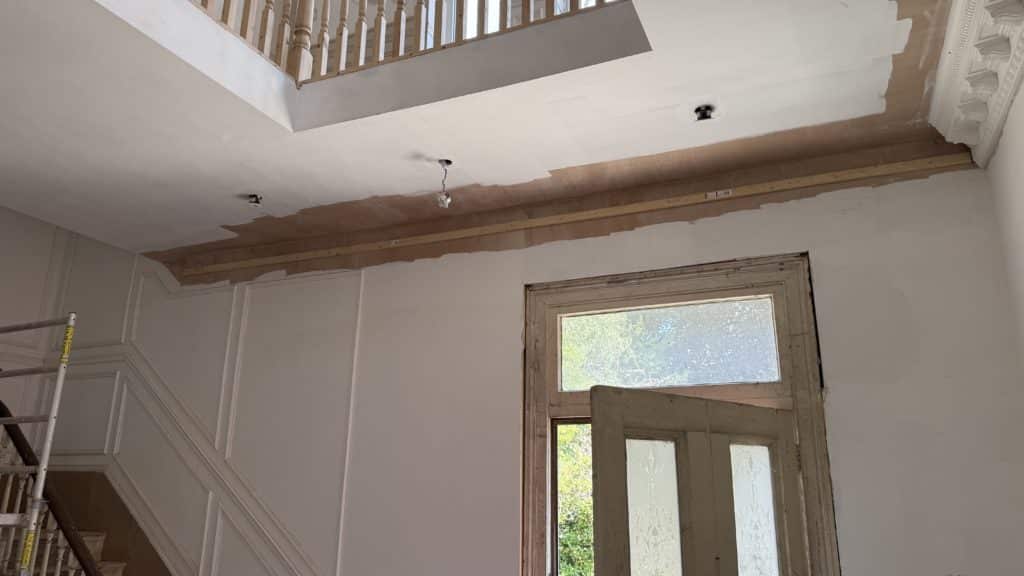 Ground floor ceiling prepared for ornate cornice installation at Chestnut Manor, Hessle