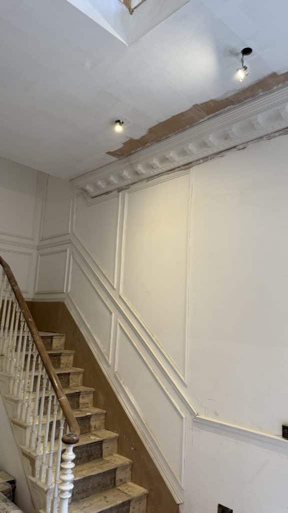 Ornate plaster cornice and panelled staircase at Chestnut Manor in Hessle